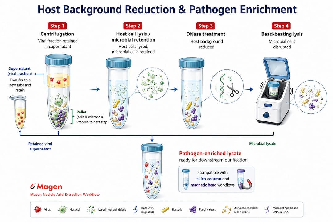 Host-background reduction and pathogen enrichment workflow showing viral supernatant retention, host DNA reduction, microbial disruption and downstream purification